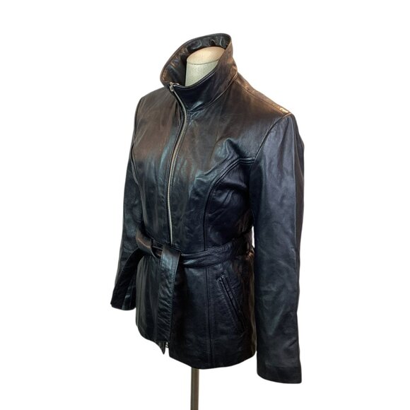 Pelle Studio Wilsons Belted Fitted Leather Jacket Womens XS Black Full zip Closu - Picture 4 of 13
